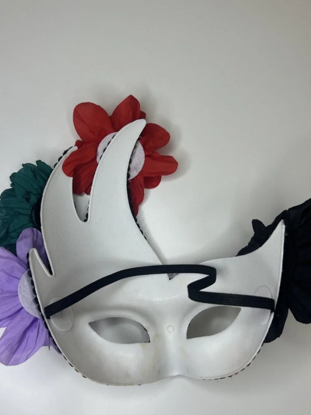 Handmade Day of the Dead Sugar Skull Mask -Red Black Purple Green Flowers, Used